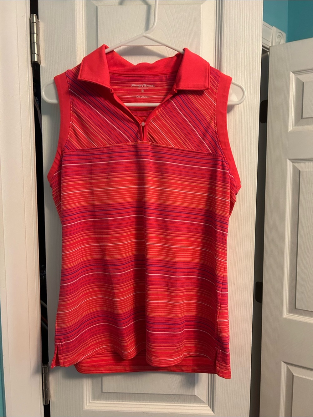 Women's Coral Striped Sleeveless Polo Tank with Zip Placket